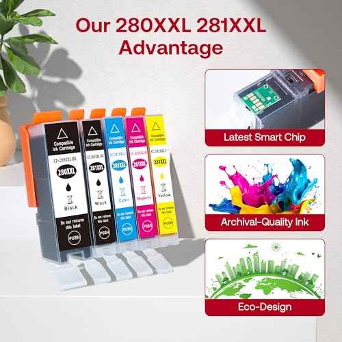 PPGI-280 XXL CLI-281 XXL 5 Color Pack High Yield Replacement for Canon 280 281 Ink Cartridges Compatible with TR8620a TR8620 TR8622a TR7520 TR8500 TR8520 TS702a TS6120 TS6320 TS8320 TS9120 TS9521C