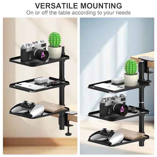 3 Tier Metal Clamp On Desk Shelf - 360¡Æ Rotatable Above/Under Table Storage, Adjustable Desktop Organizer for Home Office & Gaming, Storage Tray for Devices & Accessories