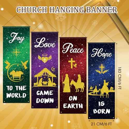 4 Pcs Church Banners, 2 x 6 Feet Nativity Scene Church Banners For Sanctuary Wall Christmas with Scripture Christian Hanging Signs for Holiday Nativity Decor