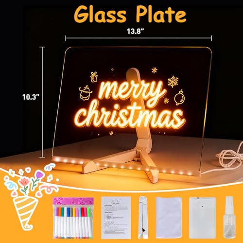 LED Glass Drawing Board for Kids, 11.8"x7.9" Glowing Glass Message Board, Includes Led Note Board, 12 Markers, Stand, Spray Bottle, Adapter, Perfect for Art & Notes, Great Gift for Kids