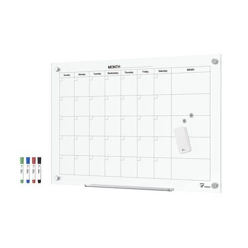 TOWON 36 x 24 Inches Tempered Glass Calendar Dry Erase Board for Wall, 3' x 2' Magnetic Whiteboard Calendar Planner for Office, Home, School Supplies, White