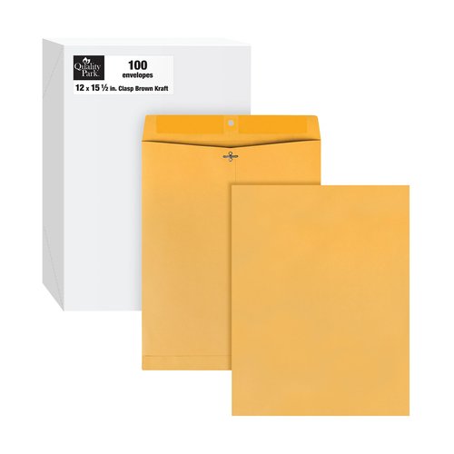 Quality Park Clasp Envelopes, 12 x 15-1/2 with Deeply Gummed Flaps for Permanent Secure Seal, Great for Filing, Storing or Organizing Documents, 28 lb. Brown Kraft, 100 per Box (QUA37910)