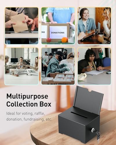 Uniclife 6.4x4.7x4 Black Metal Donation Box with Lock & Removable Sign - 1 Pack