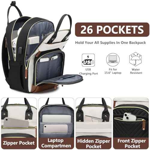Laptop Backpack for Women College Bookbag - 17.3 Inch Fashion Travel Work Bag with USB Charger Anti-theft Business Backpacks for Nurse Teacher Beige Black Brown