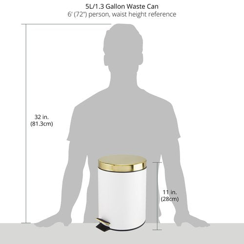 mDesign Pedal Bin — Metal Waste Bin with Pedal, Lid and Plastic Bucket Insert — Perfect for Bathroom, Kitchen, and Office — Household Rubbish Bin with Ergonomic Design — White/Gold