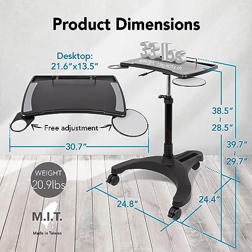 Pro Desk Mobile Laptop Cart on Wheels with Storage — Height Adjustable Sit/Stand, EHO