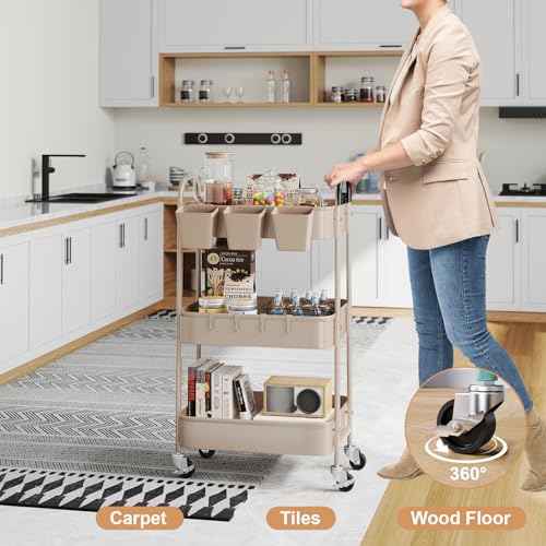 3 Tier Khaki Metal Utility Rolling Cart, Storage Cart with Handle and Lockable Wheels, Multifunctional Organizer Trolley with Mesh Storage Baskets for Kitchen, Office, Living Room, Laundry, Garage