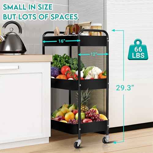 3 Tier Rolling Cart, Metal Utility Cart with 4 Hooks, Rolling Storage Cart on Wheels, Small Organizer Cart for Nursery, Kitchen, Living Room, Bathroom, Black