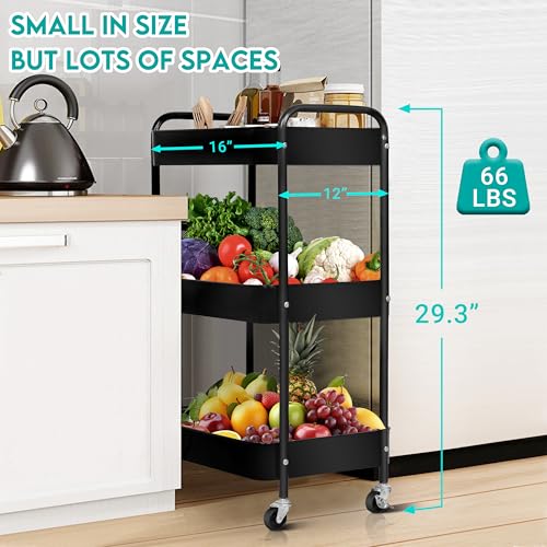 Zoes Homeware 3-Tier Metal Rolling Cart on Wheels, Black Utility Cart