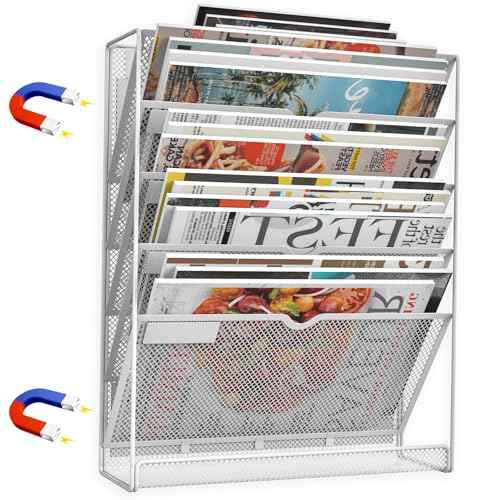 6 Tier Magnetic File Holder, No Drilling Installation File Cabinet Organizer,Black Magnetic File Holders, Magnetic Paper Holder for Refrigerator,File Cabinets, Whiteboard, White