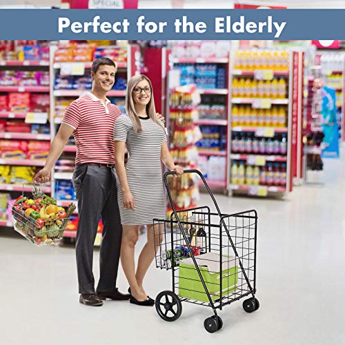 AUGESTER Grocery Utility Shopping Cart, Folding & Portable Shopping Cart with Double Basket and Swivel Wheels, Easily Collapsible & Heavy Duty Trolley for Grocery Laundry Book Luggage Travel (Black)