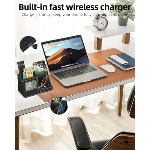 Multifunctional Pen Holder and Organizer for Desk with Wireless Charger, Digital Indoor Thermometer and Humidity Gauge, Home Office Organizers and Storage (Battery Included)