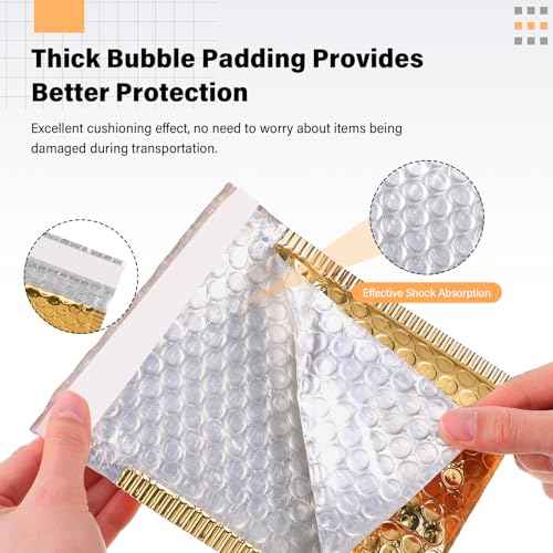 100 Pack Christmas Bubble Mailers 3 Sizes Metallic Bubble Envelopes Waterproof Self Sealing Bags for Mailing, Packing, Small Business, Jewelry Makeup, Gifts(Gold,Metallic)