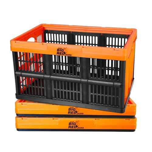 BIG RED Collapsible, Foldable, Stackable Storage Milk Crate Baskets with Handles: Ideal for Organizing Tools, Books, Food, Drinks, Camping & Transport - 45L, Red/Black (3 Pack)