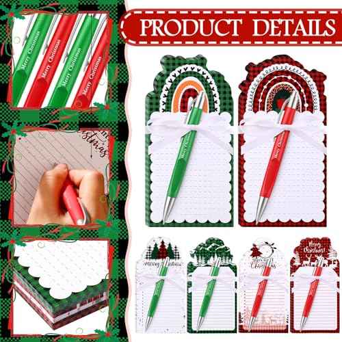 Zhanmai 96 Pcs Christmas Sticky Notes with Ballpoint Pens and Ribbons Christmas Themed Gifts Cute Plaid Design Die Cut Memo Note Pad Red Green Ballpoint Pen for School Office Home Present
