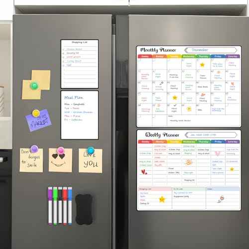 MaxGear 4 Pack Magnetic Fridge Calendar Set, 15" x 11.5" Dry Erase Whiteboard Calendar for Refrigerator, Includes Monthly, Weekly, List and Small Board with 5 Markers, 1 Eraser and 5 Magnets