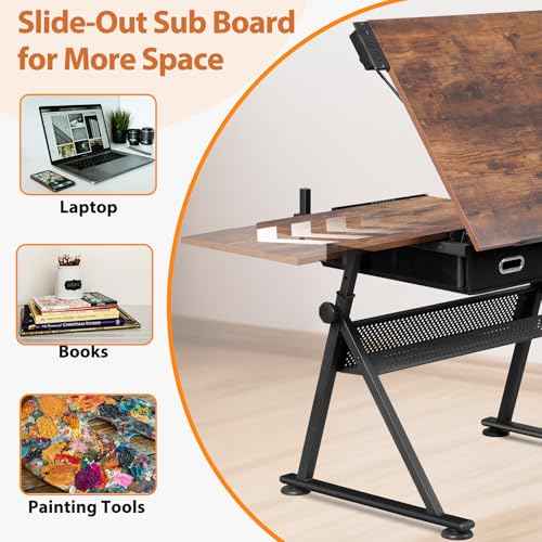 SUPER DEAL Drafting Table Set with Charging Station, Height Adjustable Tilting Drawing Desk Artist Desk with Stool Multifunctional Art Craft Workstation with 2 Storage Drawers for Home Office School