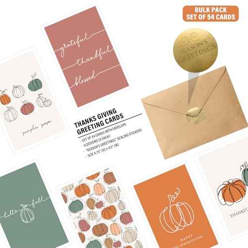 easykart labels 54 Happy Thanksgiving Cards Assortment, 6.75" x 4.5" with Envelope for Family Friends Kids Adults Clients Teachers Customers