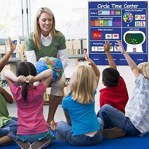 Auchq Circle Time Learning Center Pocket Chart, Heavy-Duty Kids Calendar for Classroom, Educational Pocket Chart Learning Calendar Weather Letter Counting Rhyme Color Shape (Blue)