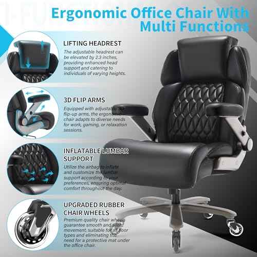 Big and Tall Office Chair 700lbs - Adjustable Headrest&Lumbar Support, 3D Flip Arms, Large Wheels &Heavy Duty Metal Base, Ergonomic High Back Computer Chair Desk Chair, Thick Padded Extra Wide Seat