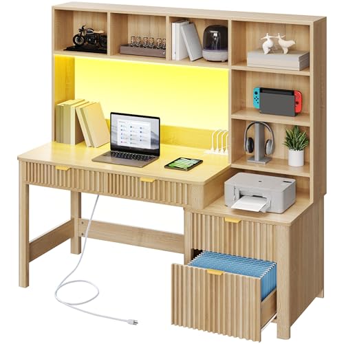 YITAHOME Computer Desk with Hutch and Drawers - Natural Oak