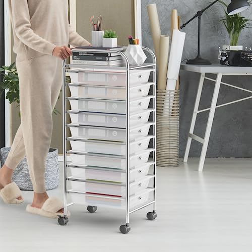 MEDIMALL 10-Drawer Rolling Storage Cart - Clear (Wheeled Craft & Office Organizer)