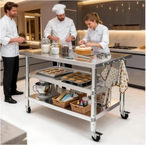SALUISH 60" Stainless Steel Work Table with Fixed Legs & Swivel Casters, Adjustable Shelves