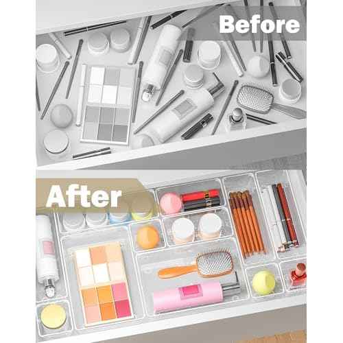 15Pcs Clear Plastic Drawer Organizers Set, 4size makeup drawer organizer trays for vanity/desk/bathroom/office/nightstand/gadgets for kitchen/desk drawer, Versatile drawer divider storage bins