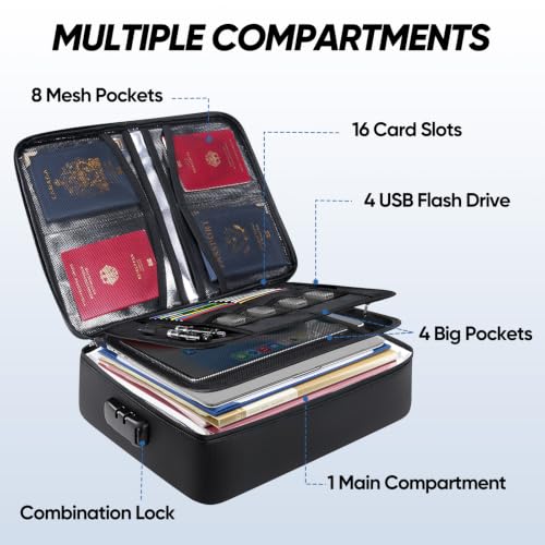 BALEINE Black Fireproof Document Safe Bag with Lock Waterproof Fireproof File Organizer