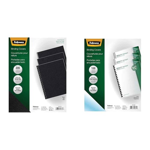 Fellowes Binding Linen Presentation Covers Letter Black 200 Pack & Transparent PVC Binding Covers Oversize 100 Pack
