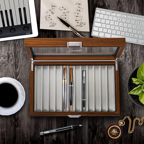 Yesland Black Walnut Wood Display Box, 12 Slot Fountain Pen Organizer With Clear Glass Window, Luxury Collection Case for Shop, Home
