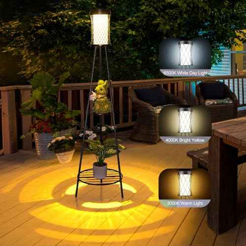 1 Pack 45.4'' Outdoor Floor lamp IP65 Waterproof, Solar Lights Outdoor with 2 Plant Stand,Outdoor Patio Decor with USB Charging Port 3 Lighting Modes for Porch Deck Yard and Garden