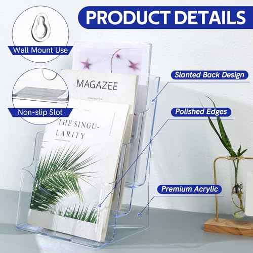 MYFULLY 3 Tier Acrylic Brochure Holder 8.5 x 11 Inch 2 Pack, Clear Literature Display Stand with Removable Divider for 4 x 9 Inch Pamphlets, Multi-Purpose Wall Mount or Countertop Organizer