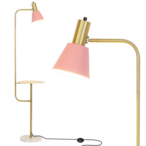 Hsyile Contemporary Modern Creative Floor Lamp with a Table,Suitable for Living Room,Den,Office,Bedroom - Standing Lamp Tall Floor Lamp - Brushed Brass Finish and Pink Lampshade