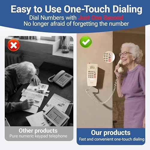 Wall Phone for Home, Corded Wall Home Phone with Adjustable Call Volume & 3 One-Touch Dialing for Seniors, Telephone Landline Phones with Mechanical Ringer Indicator for Elderly, Beige