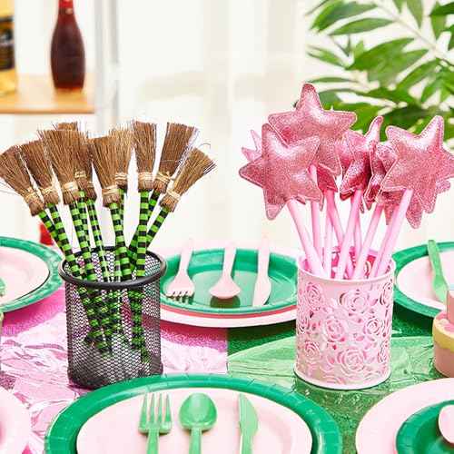 Geyoga 20 Pack Witch and Princess Pens Party Favors Green Witch Broom and Pink Star Pens for Wizard Themed Party Supplies Birthday Halloween Gifts Supplies Goodie Bag Fillers (Green Stripes)