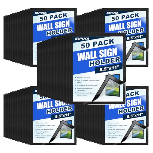 Magnetic Sign Holder & Picture Frame 8.5 x 11 - Self-Adhesive Magnetic Frames with Strong Magnet Border, Clear PVC Document/Poster/Paper Wall Mount Holder for Home Office Store, 50 Pack