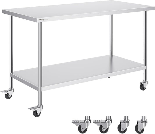 VEVOR Stainless Steel Work Table - Heavy-Duty Food Prep Table with 4 Wheels | 30 x 60 x 38 Inch, Adjustable Height