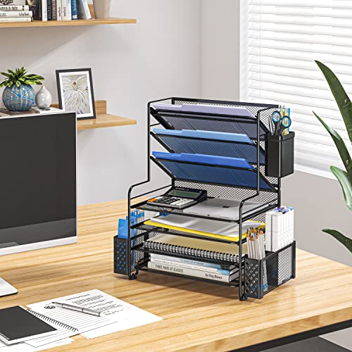Simple Trending 7-Tier Desk File Organizer with Pen Holder - Black, Letter Tray & Metal Hanging Basket