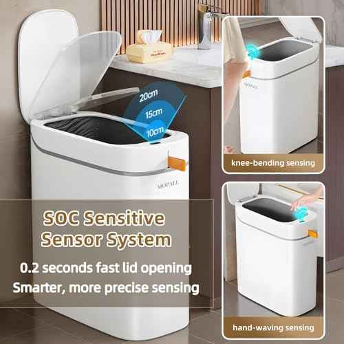 MOPALL Bathroom Trash Can with Lid, Motion Sensor Trash Can Automatic Touchless, 3.5 Gallon Smart Garbage Can with Lid,Auto-Adsorption Slim Small Waste Basket for Bedroom,Bathroom,Kitchen