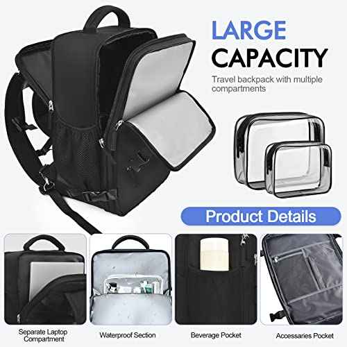 Travel Laptop Backpack Carry On Backpack for Men Women Flight Approved College School Computer Bag for Business Hiking Personal Item Backpack Fits 17.3 Inch Notebook Black