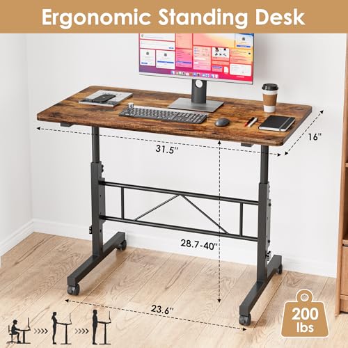 VECELO Small Rolling Standing Desk Adjustable Height, Mobile Stand Up Desk with Wheels, Portable Laptop Desk for Office Workstations, Treadmill Walking Pad, Brown