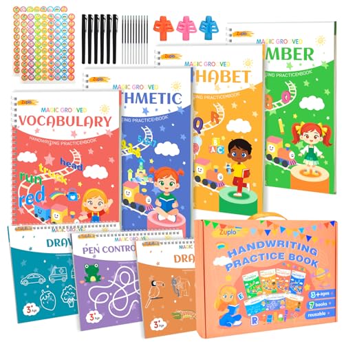 Zuplo Reusable Magic Grooved Writing Practice Set for Kids Ages 3-8 - 7-in-1 Handwriting & Drawing Workbook with Magic Pens & Accessories (Variation 1)