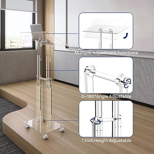 Acrylic Podium Stand with Lockable Wheels – Height & Angle Adjustable Lectern for Class, Church, Events