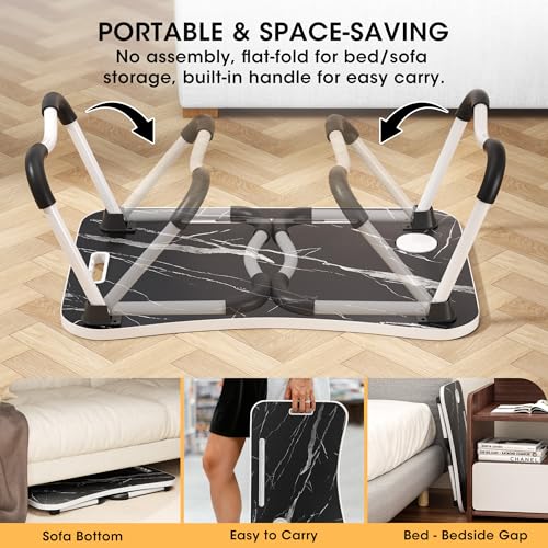 Dark Black Folding Laptop Bed Desk 23.6 Inch with Cup Holder & Marble Pattern