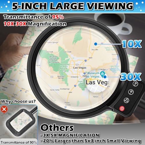 Black Large Floor Magnifying Glass with Light & Stand - 30X & 10X LED Lamp
