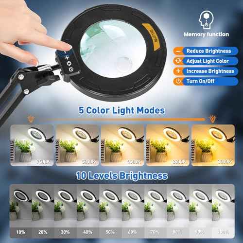 Ultra Long 3-Section Swing Arm 12X Magnifying Glass with Light and Stand, 4-way Large Strong Metal Clamp Lighted Magnifier Lamp, 5 Color Modes LED Magnifying Lamp for Workbench, Crafting, Hobby