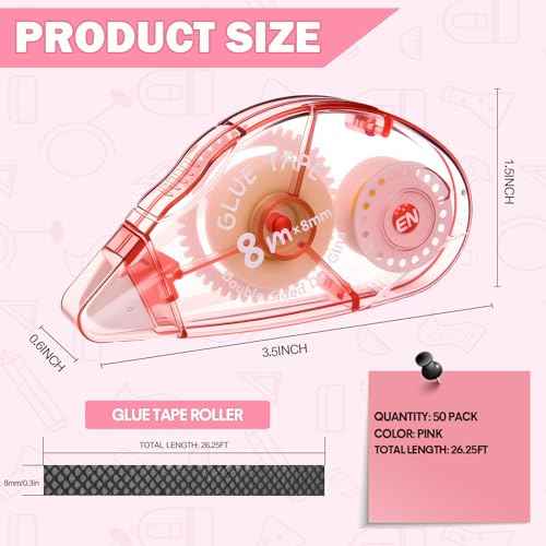 50 Pack Double Sided Tape Bulk, Glue Tape Roller 0.3 Inch ¡¿ 26.25 ft Adhesive Dot Roller Applicators for Journaling Scrapbook Supplies Crafts Gift Wrapping(Pink)