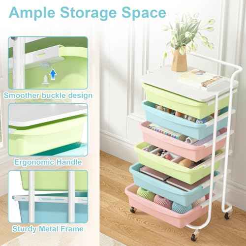 X1 Rolling Storage Cart with Drawers, Utility Cart with 6 Plastic Drawers, Storage Drawer Cart with Lockable Wheels, Multipurpose Movable Organizer Cart for Home, Bedroom, Office, School