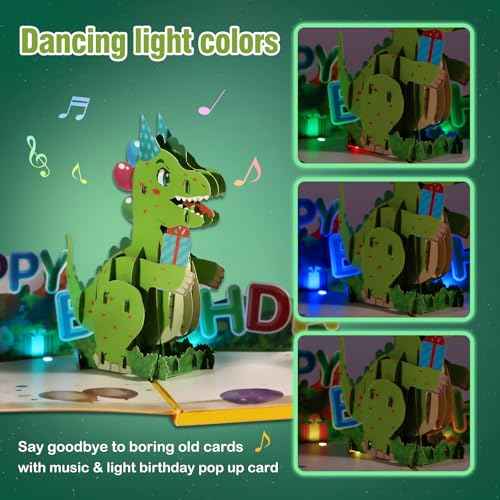 FaCraft Dinosaur Musical Birthday Cards for Kids - Music and Lights 3D T-Rex Handmade Pop Up Birthday Cards with Envelope, Blank Insert, Bday Gift for Boys Girls Son Daughter Grandson Toddler Nephew